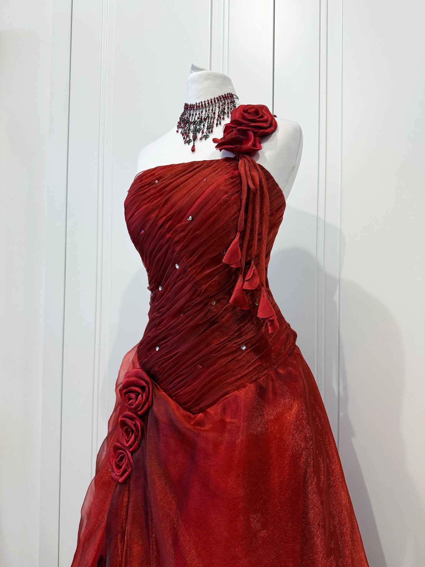 Red fluffy maxi dress