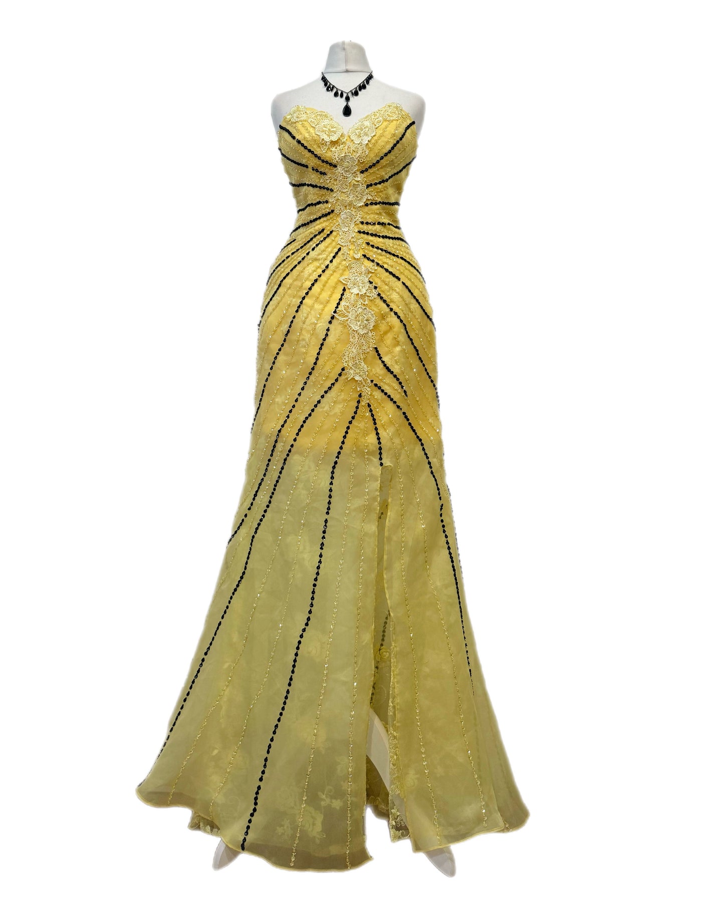 Yellow & Black Beaded Mermaid Evening Gown