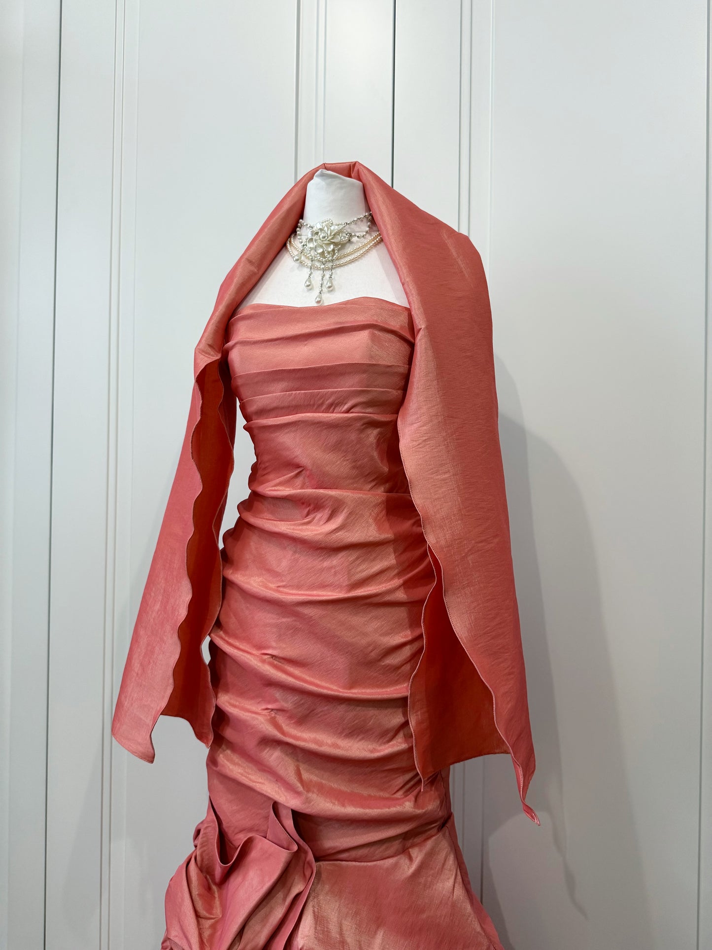 Long coral pink mermaid ball gown
