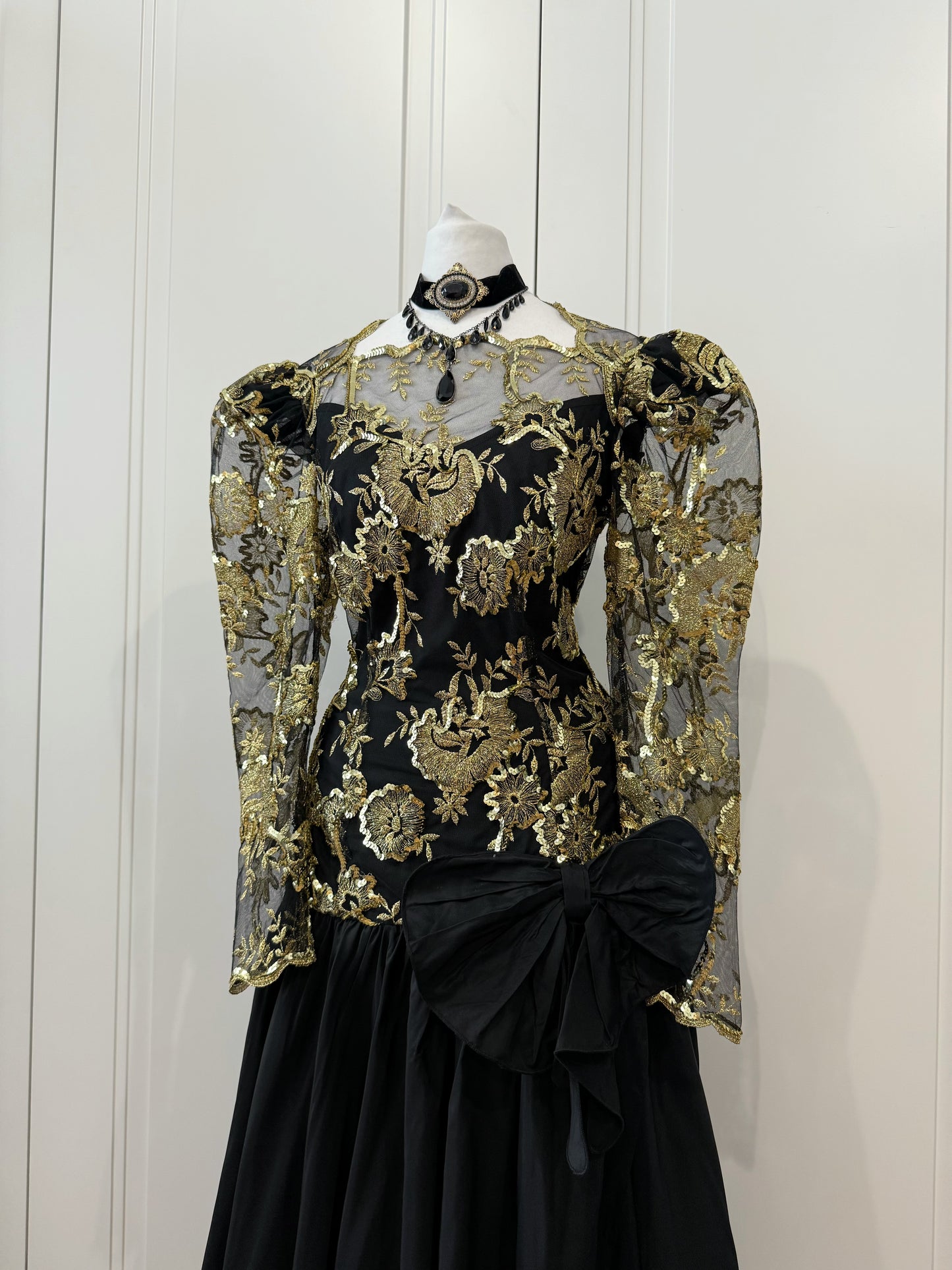 Vintage Black & Gold Floral Evening Dress