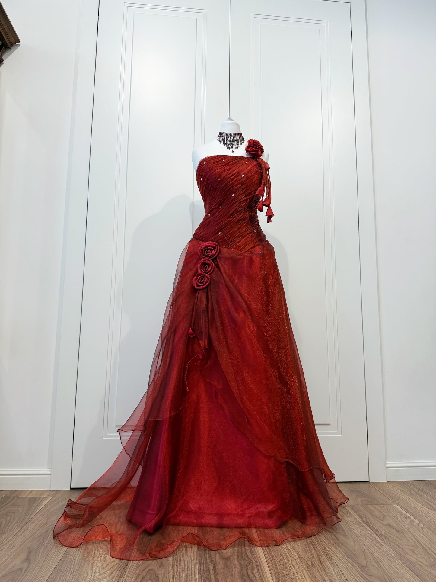 Red fluffy maxi dress