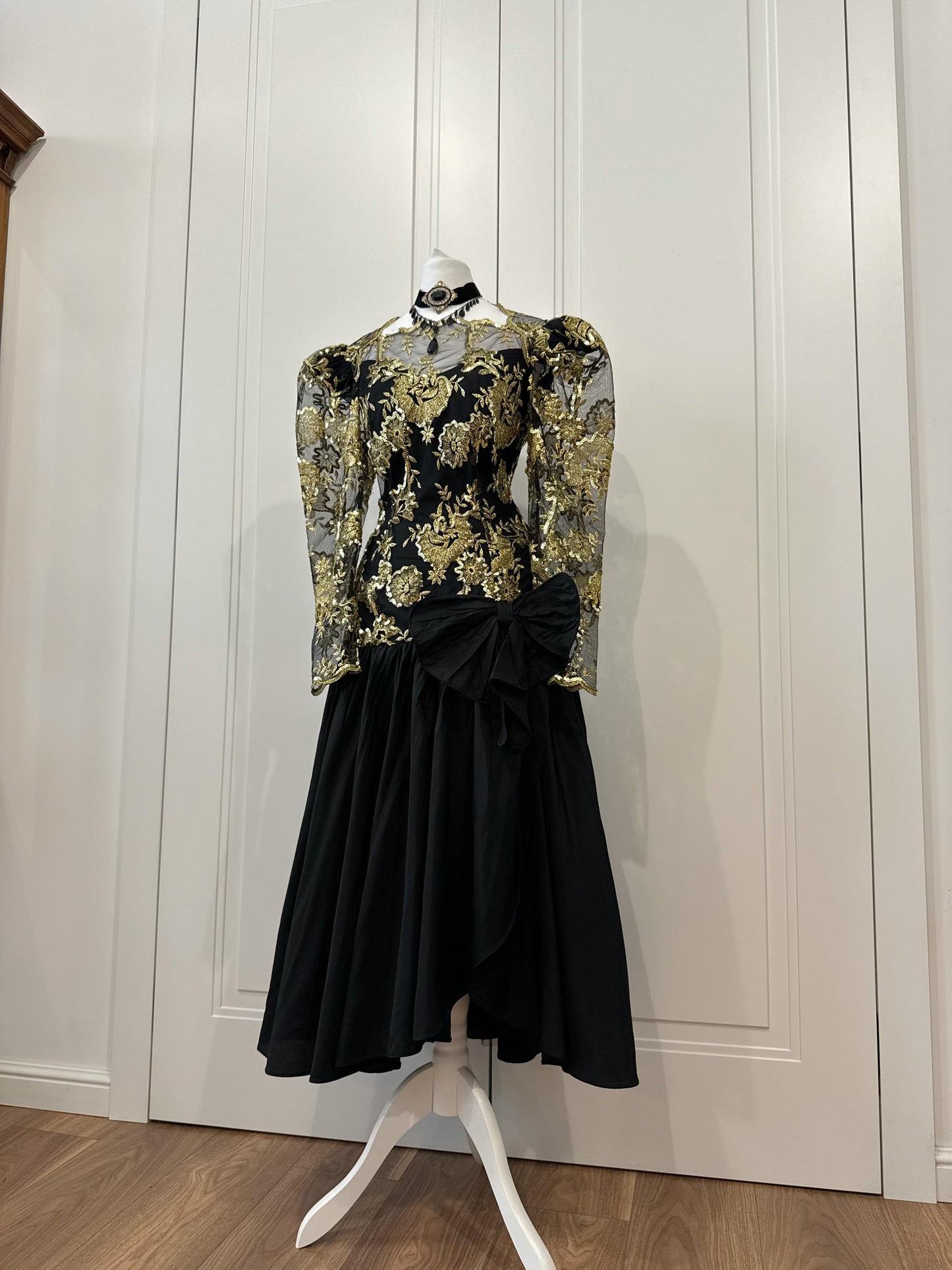 Vintage Black & Gold Floral Evening Dress