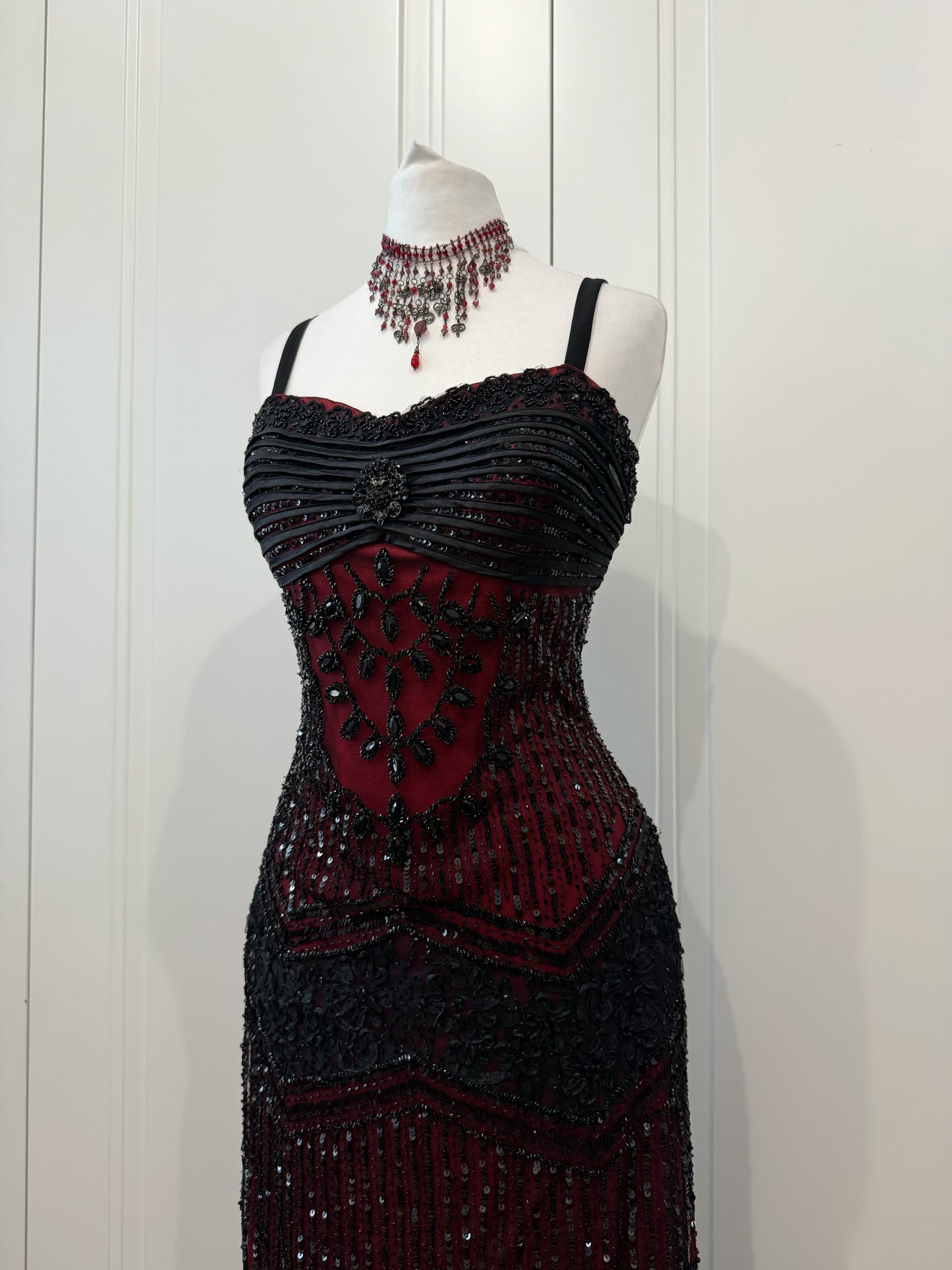 Vintage Burgundy & Black Beaded Vampire Dress
