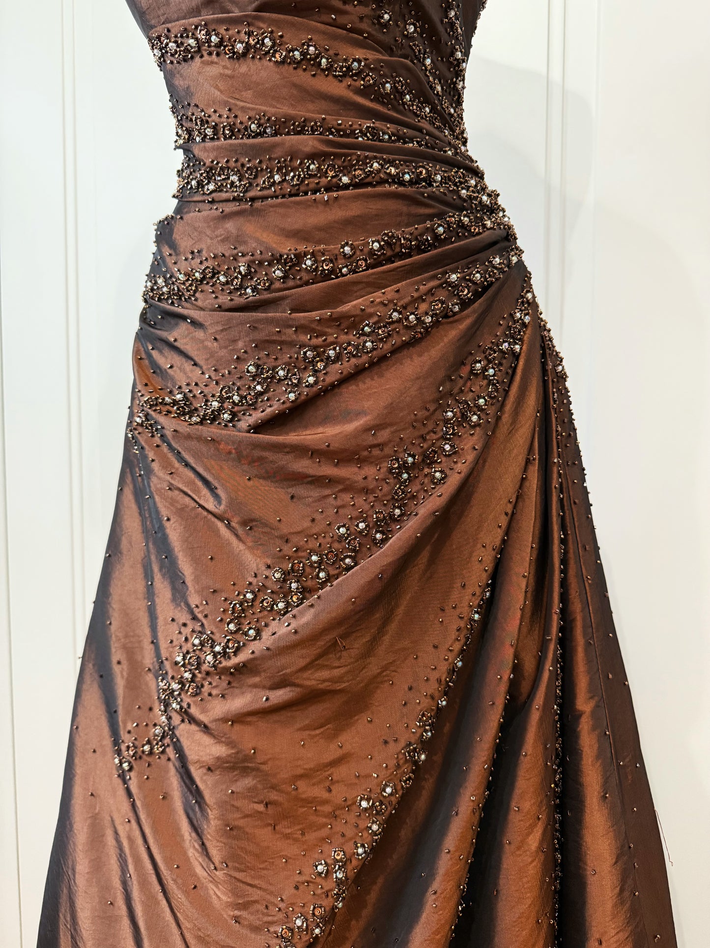 Chocolate Beaded Strapless Gown