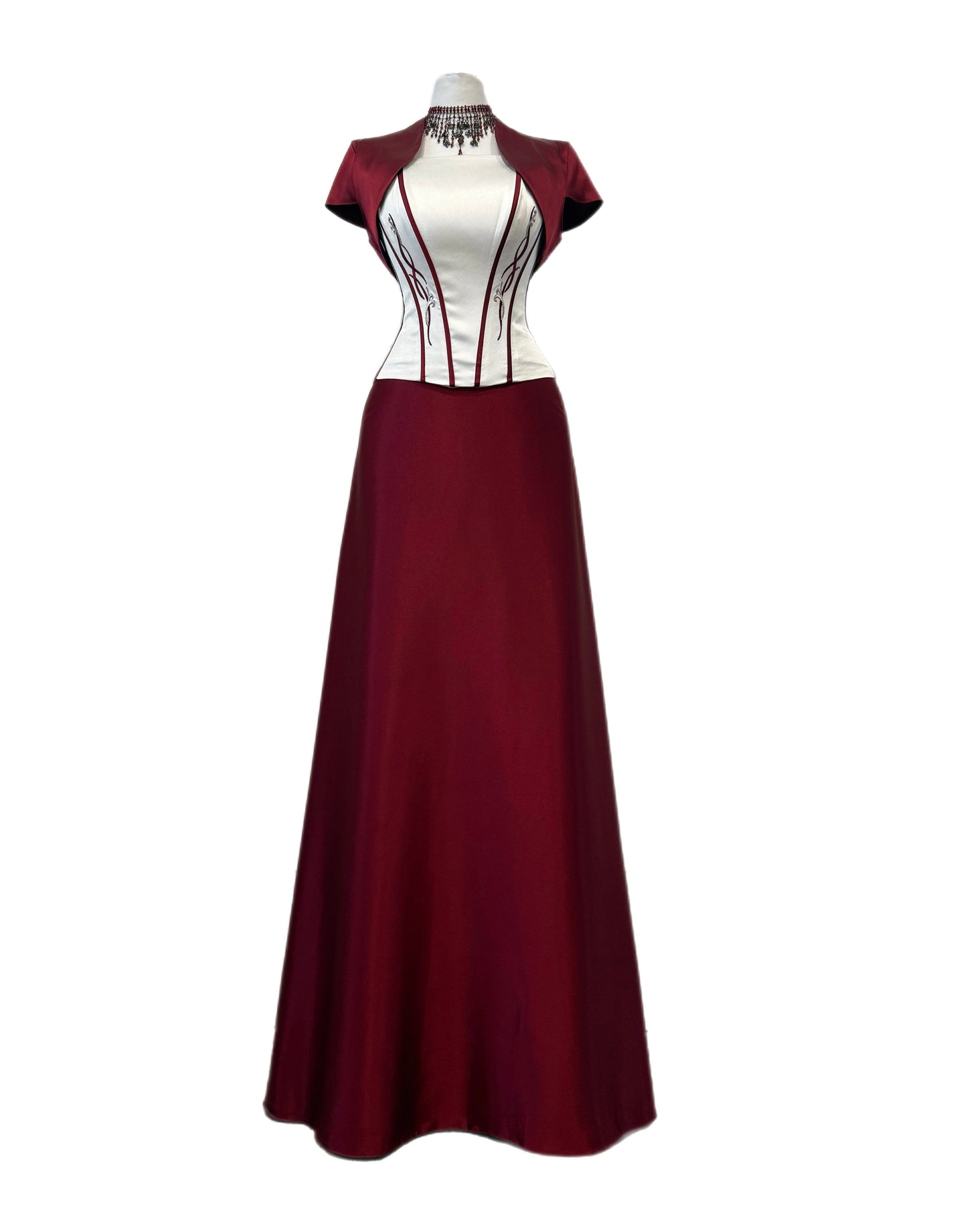 Burgundy Satin Corset Dress Set with Bolero