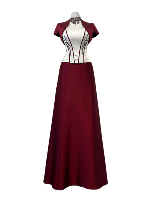 Burgundy Satin Corset Dress Set with Bolero
