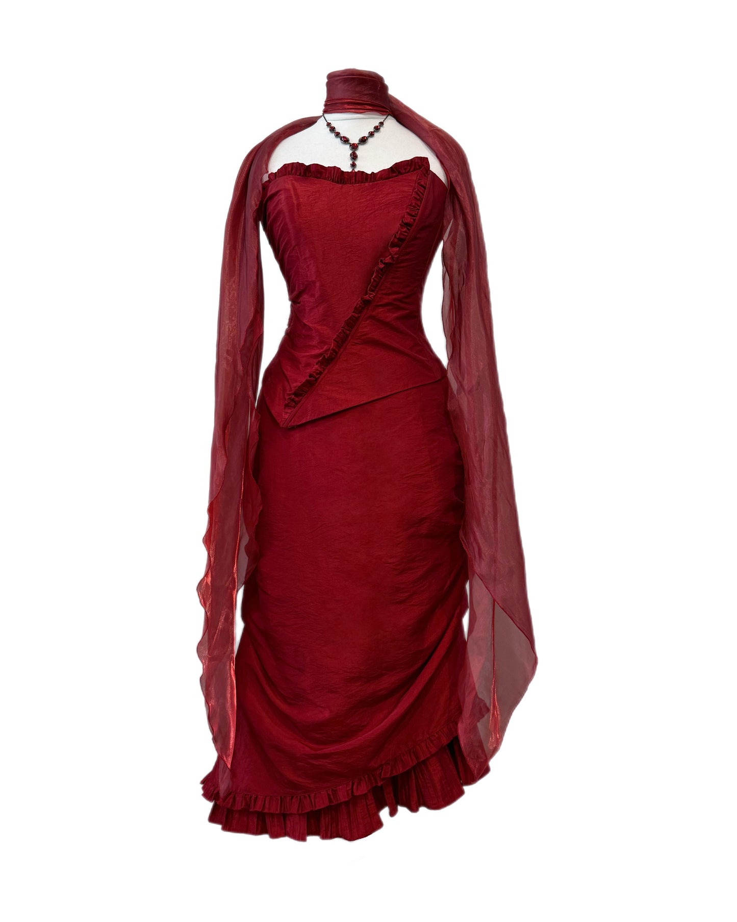 Red Ruffle Midi Dress Set with Shawl