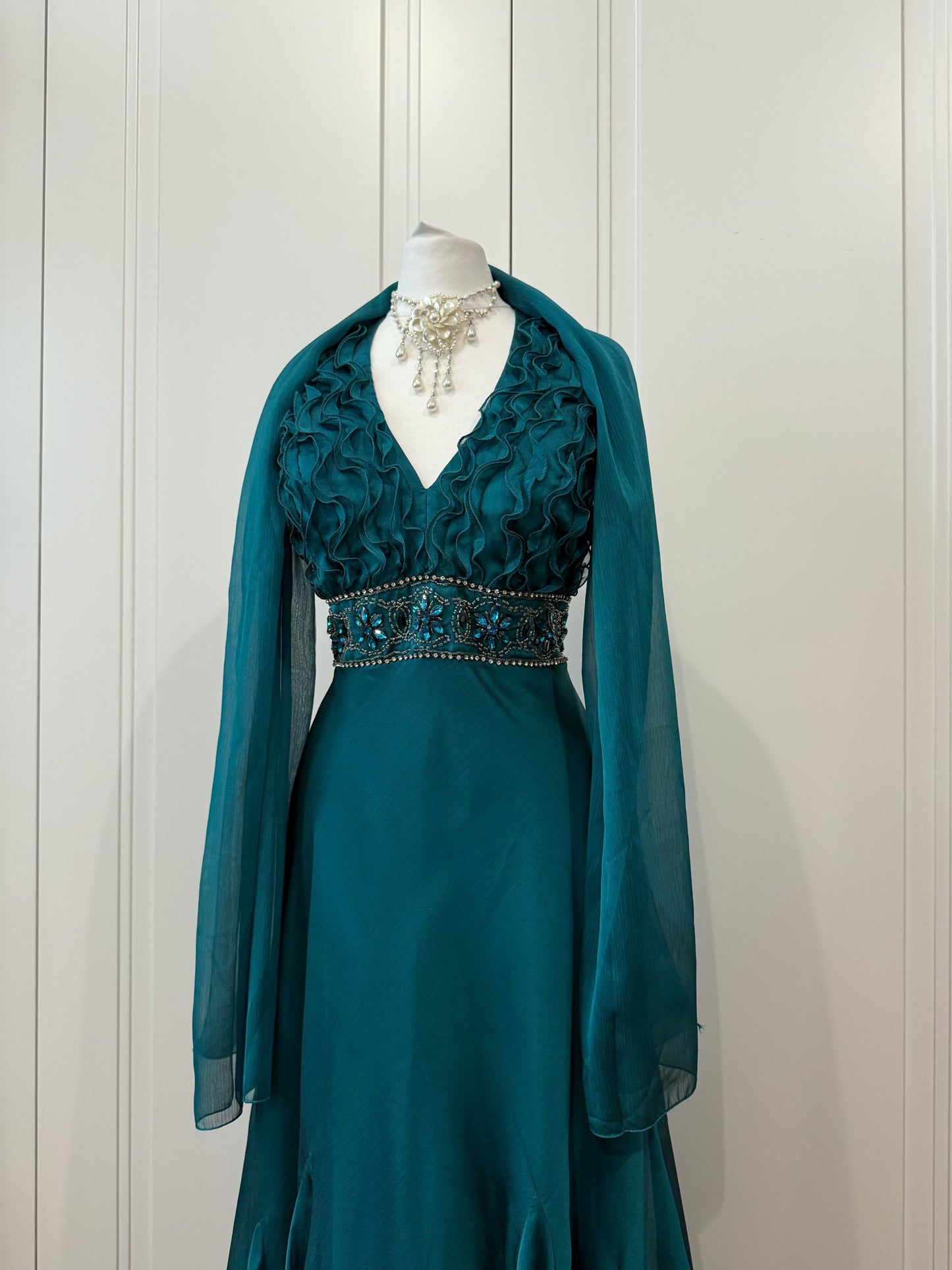 Teal Embellished Ruffle Dress