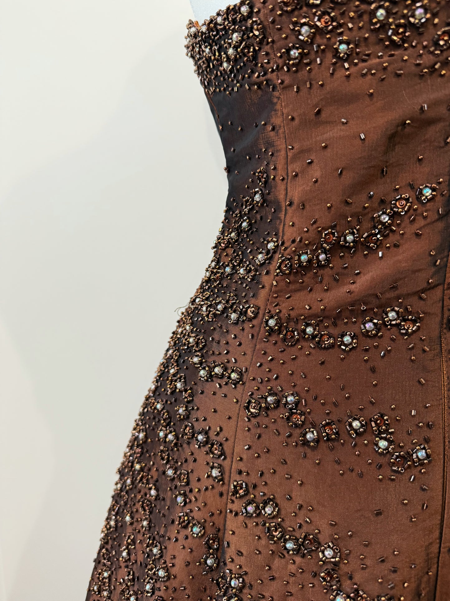 Chocolate Beaded Strapless Gown