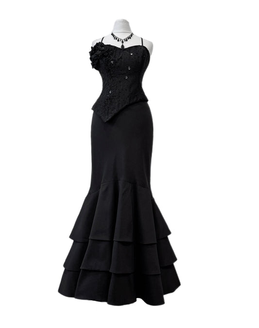 Black Old Hollywood Floral Dress Set