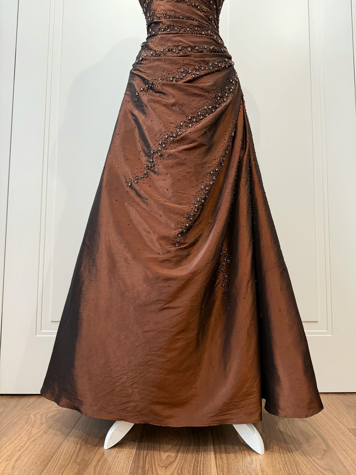 Chocolate Beaded Strapless Gown