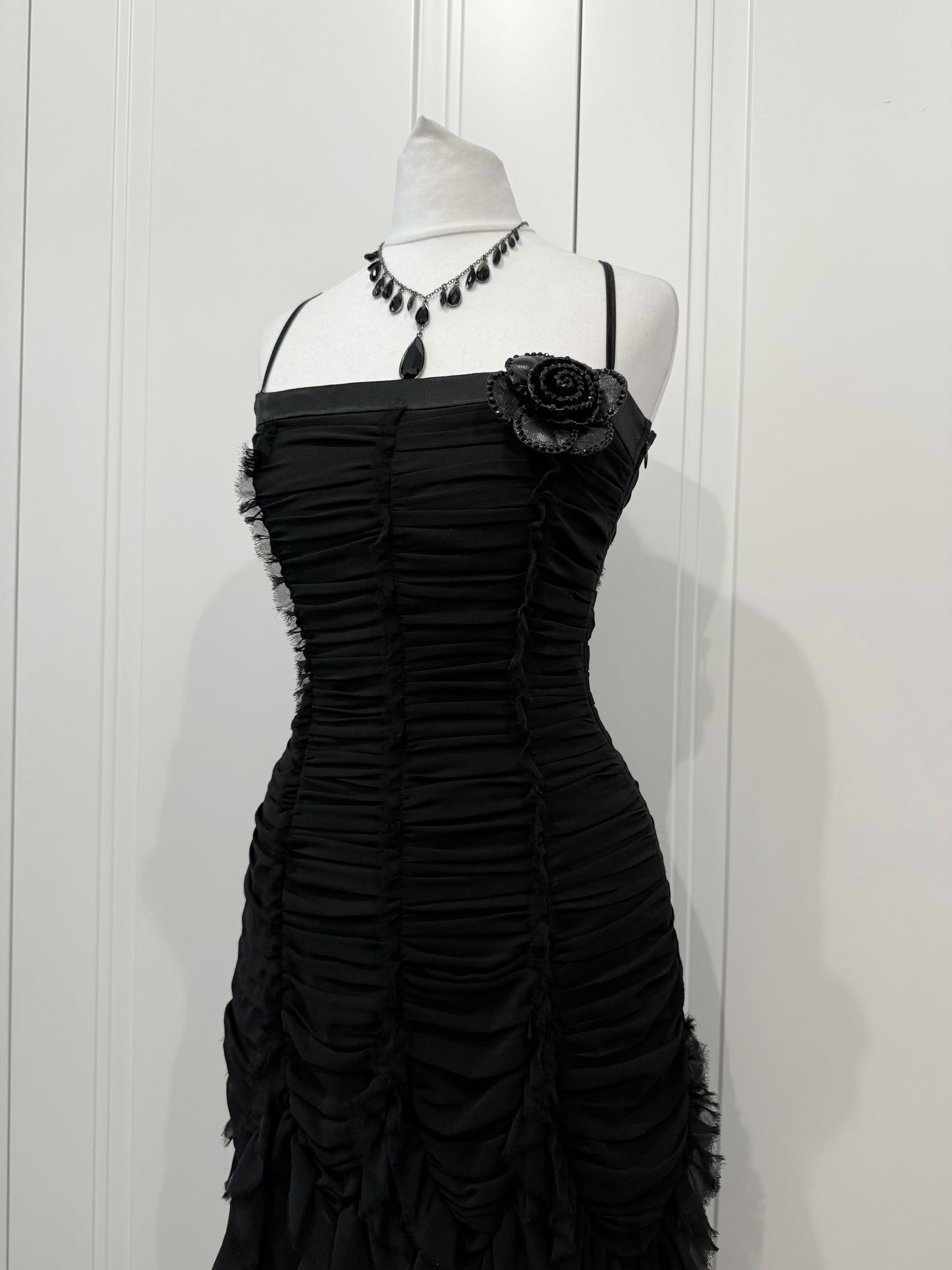 Black Ruched Ruffle Maxi Dress