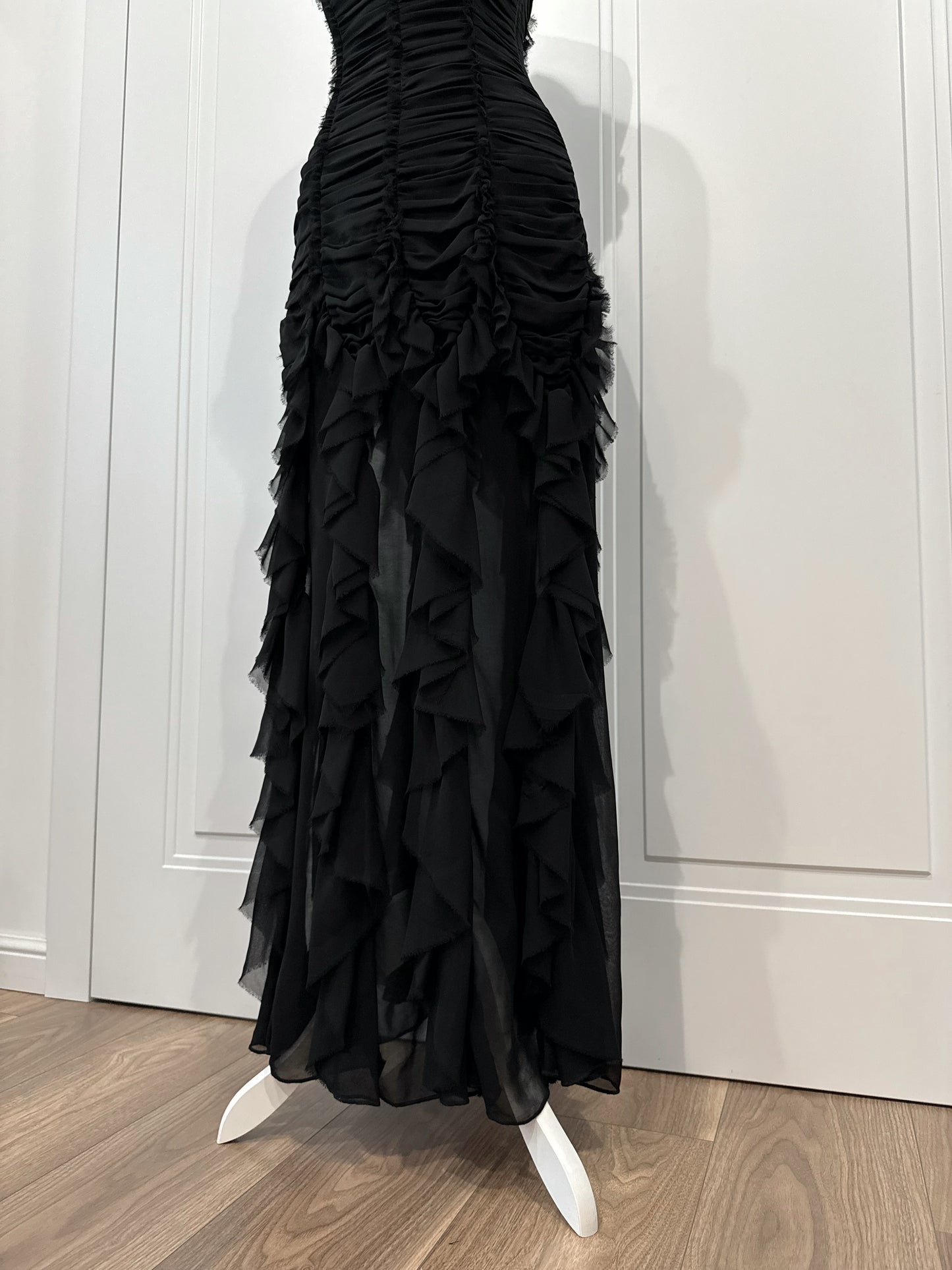 Black Ruched Ruffle Maxi Dress
