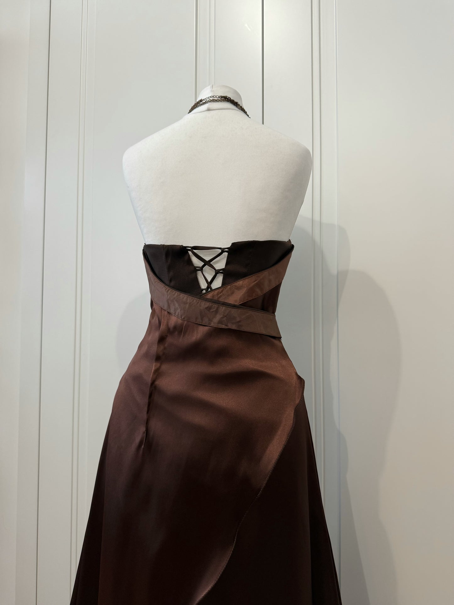 Chocolate Satin Strapless Gown with Shawl