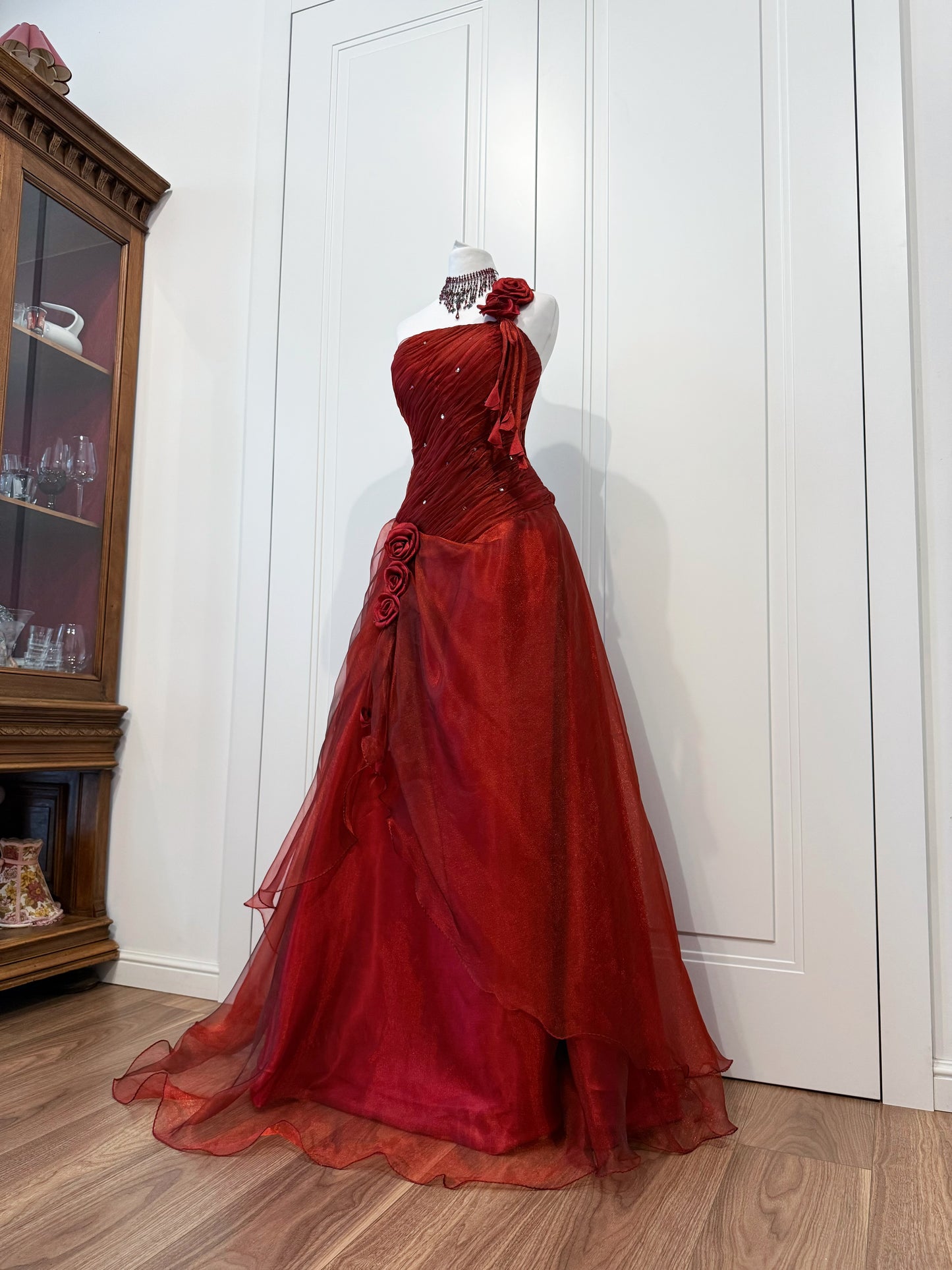 Red fluffy maxi dress