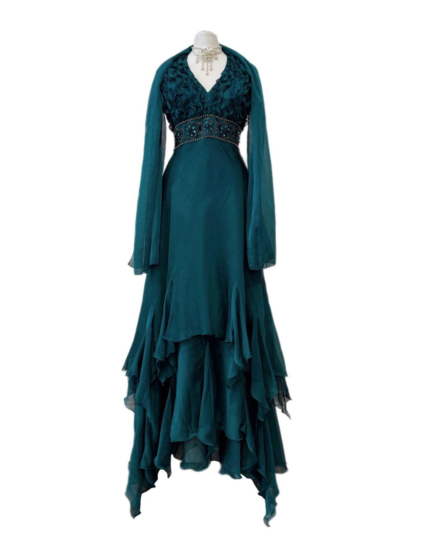 Teal Embellished Ruffle Dress