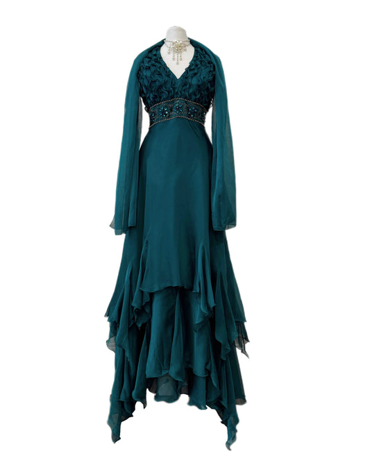 Teal Embellished Ruffle Dress