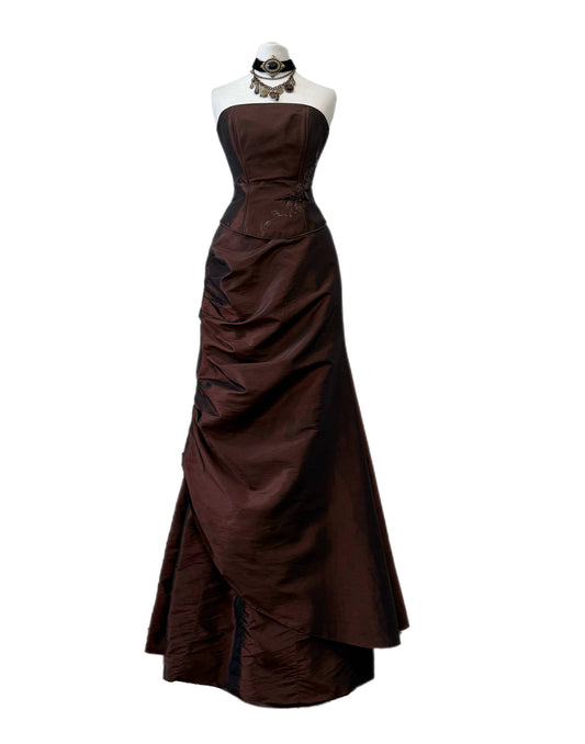 Chocolate Strapless Evening Corset Gown
