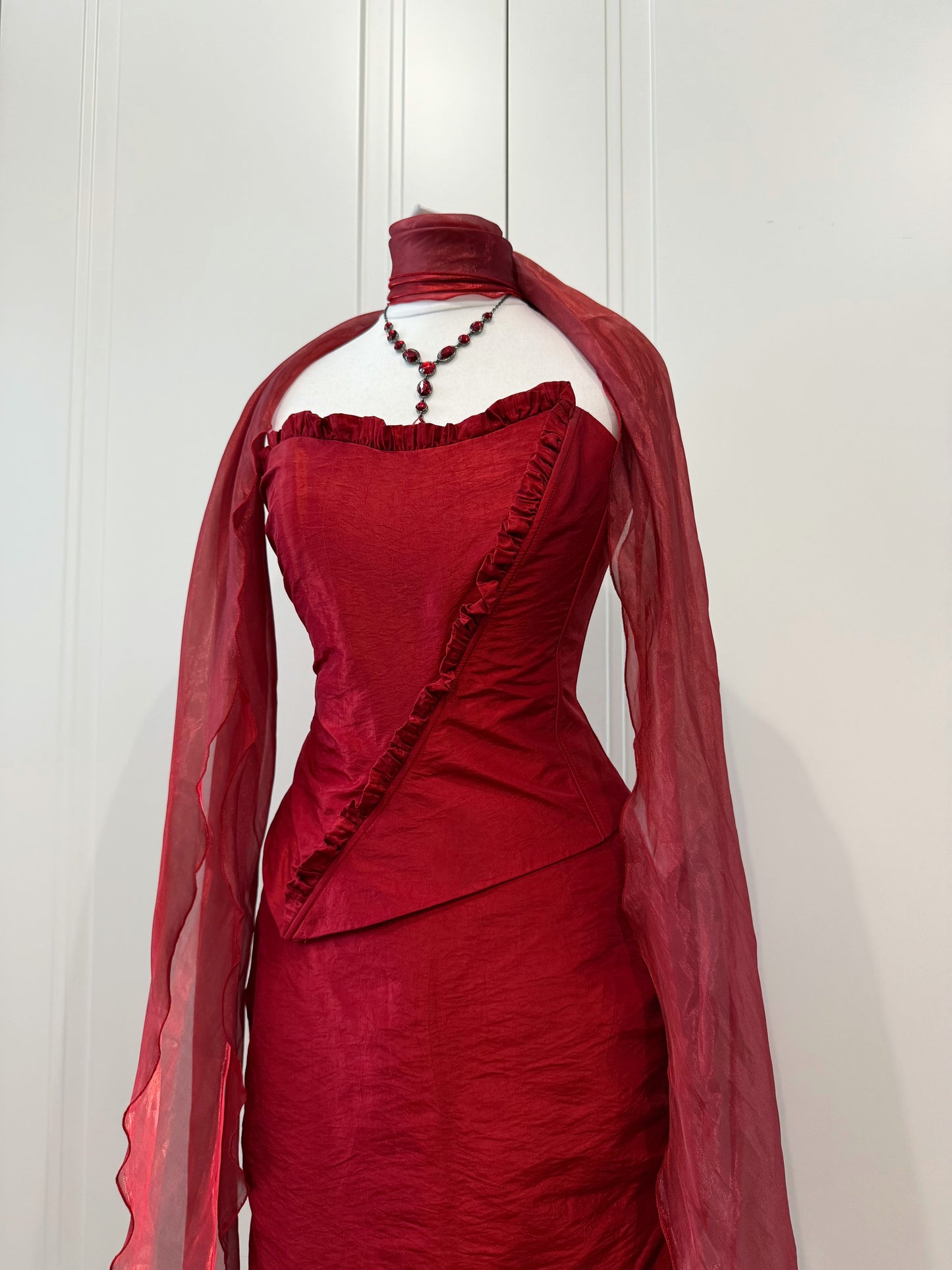Red Ruffle Midi Dress Set with Shawl