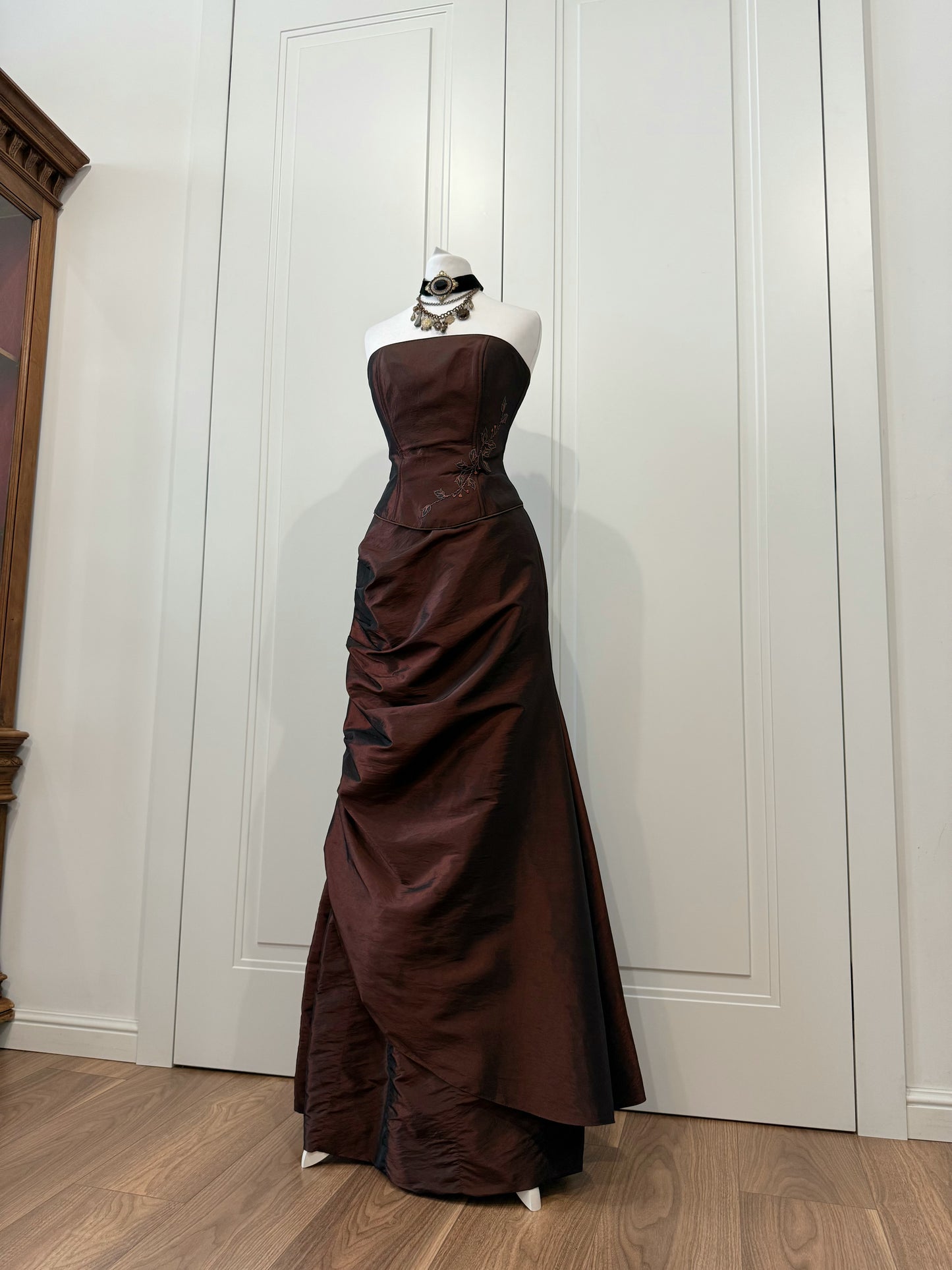 Chocolate Strapless Evening Corset Gown