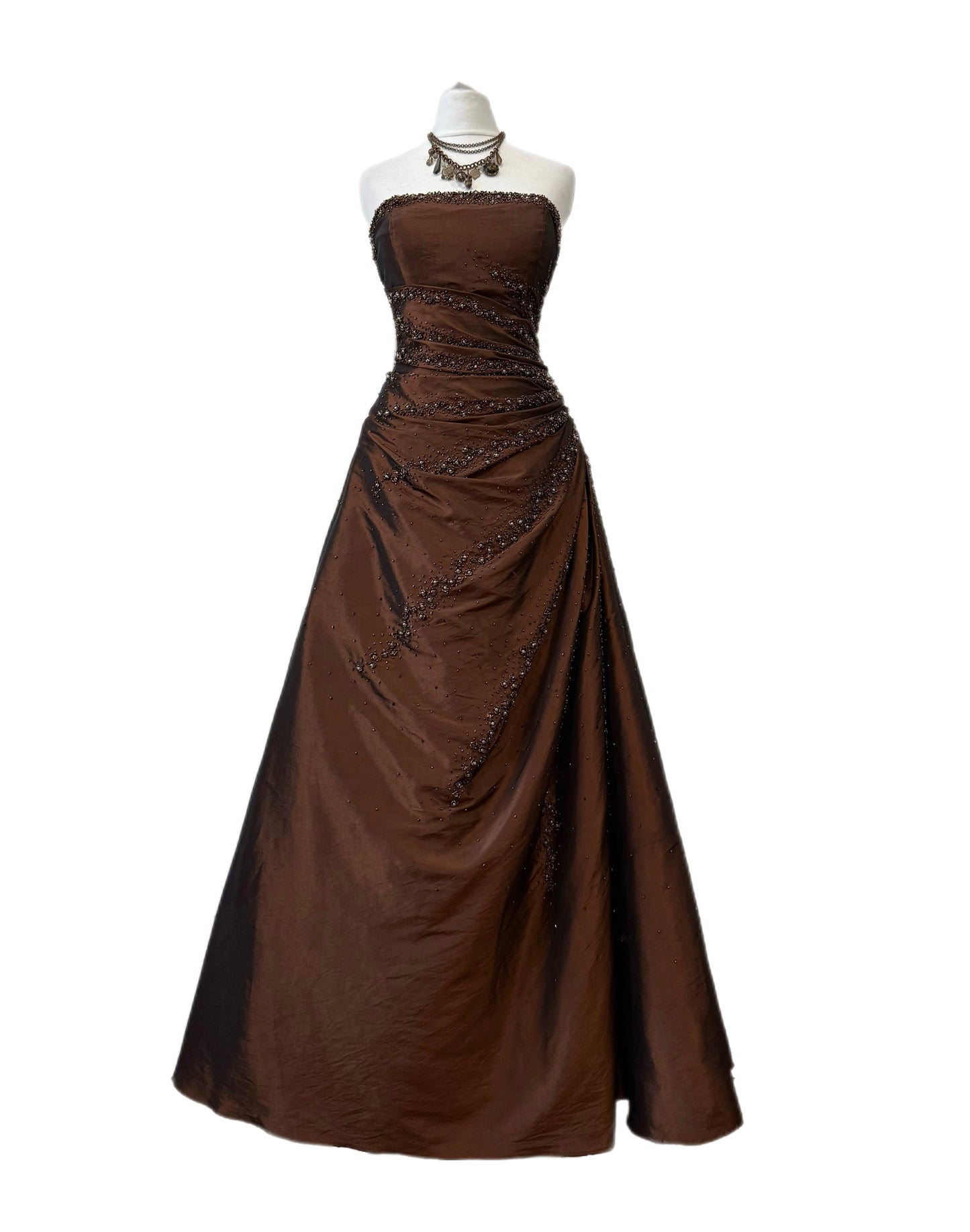 Chocolate Beaded Strapless Gown