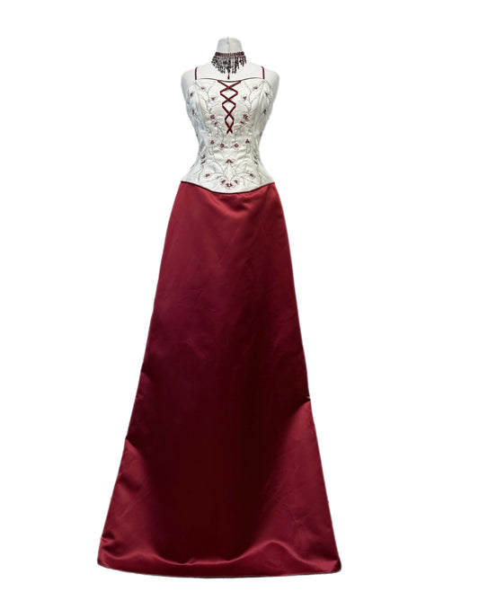Burgundy & Cream Long Embroidered Dress