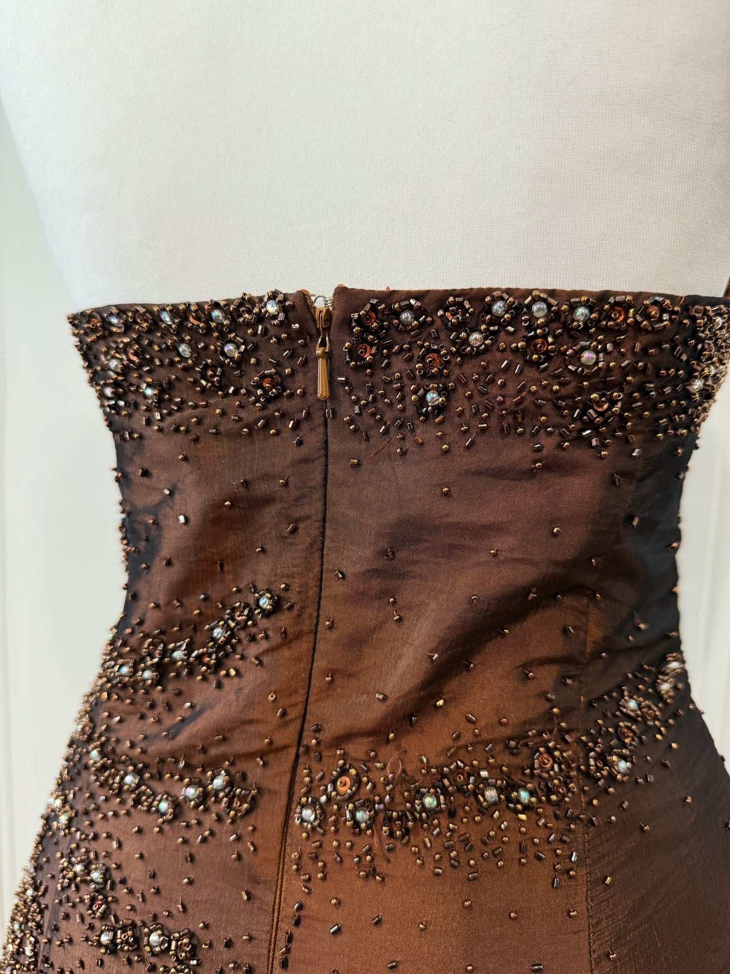 Chocolate Beaded Strapless Gown
