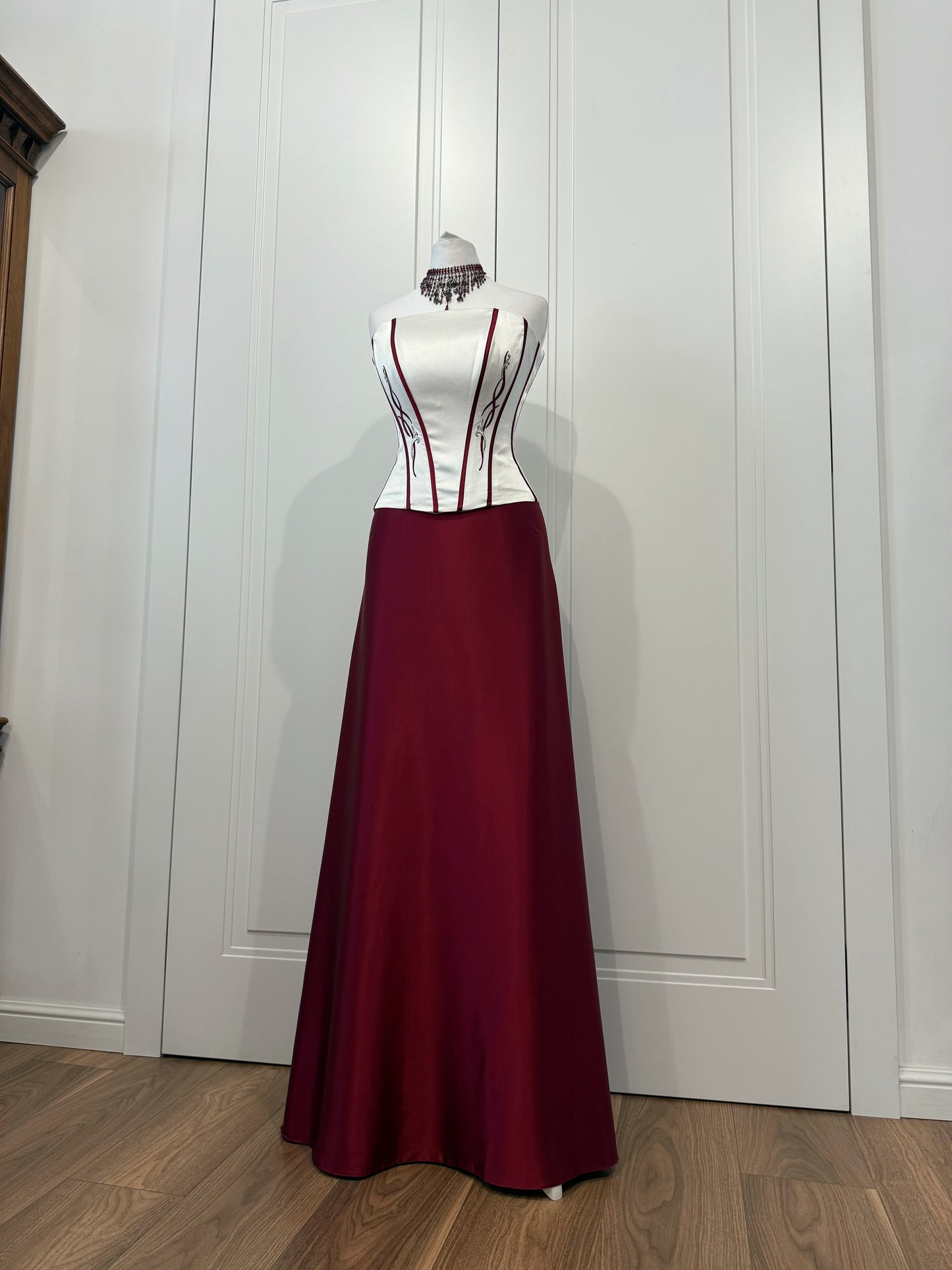 Burgundy Satin Corset Dress Set with Bolero