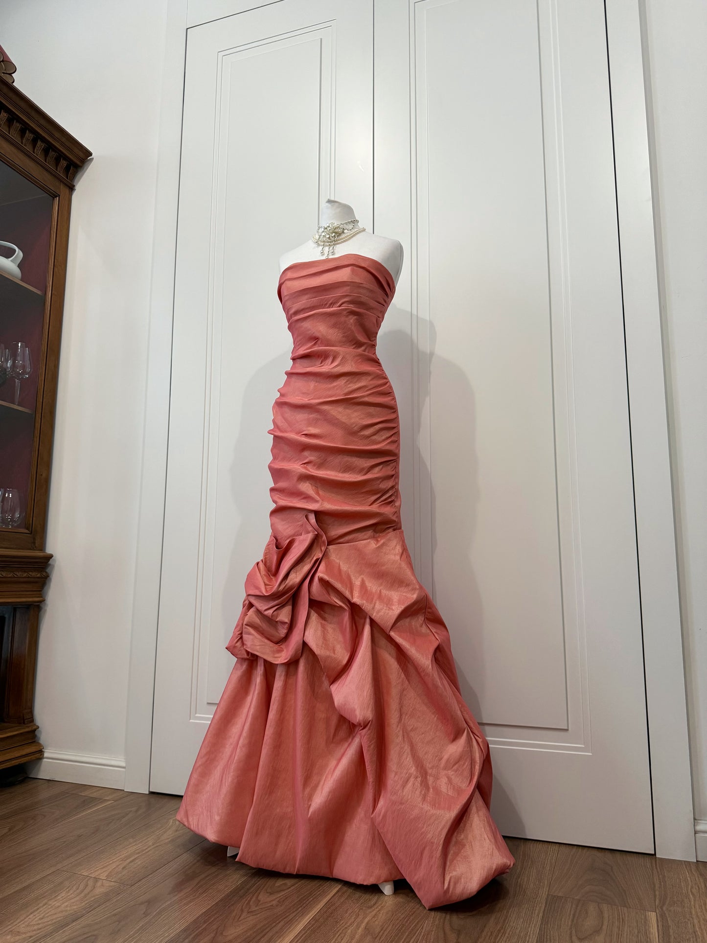 Long coral pink mermaid ball gown