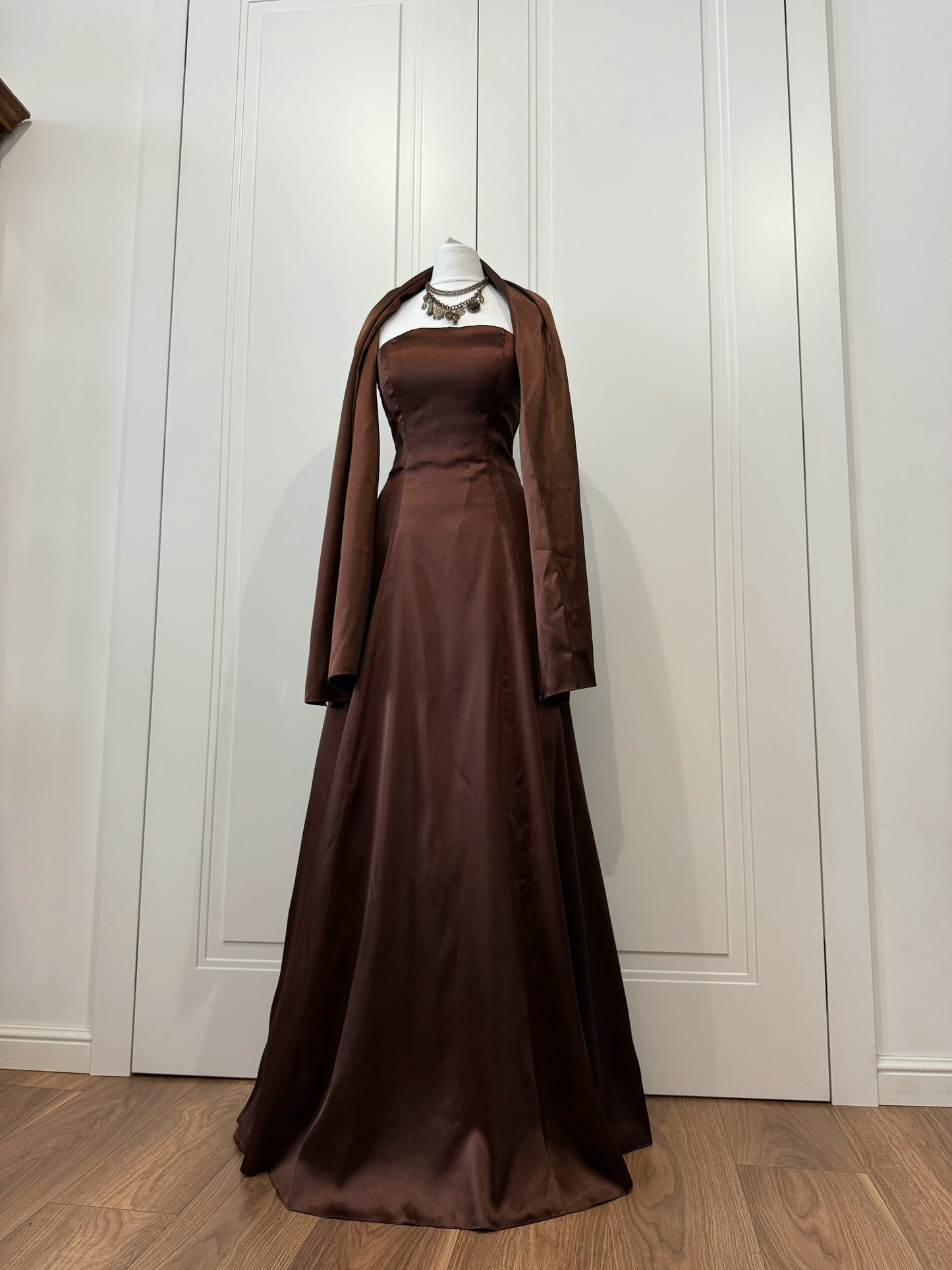 Chocolate Satin Strapless Gown with Shawl