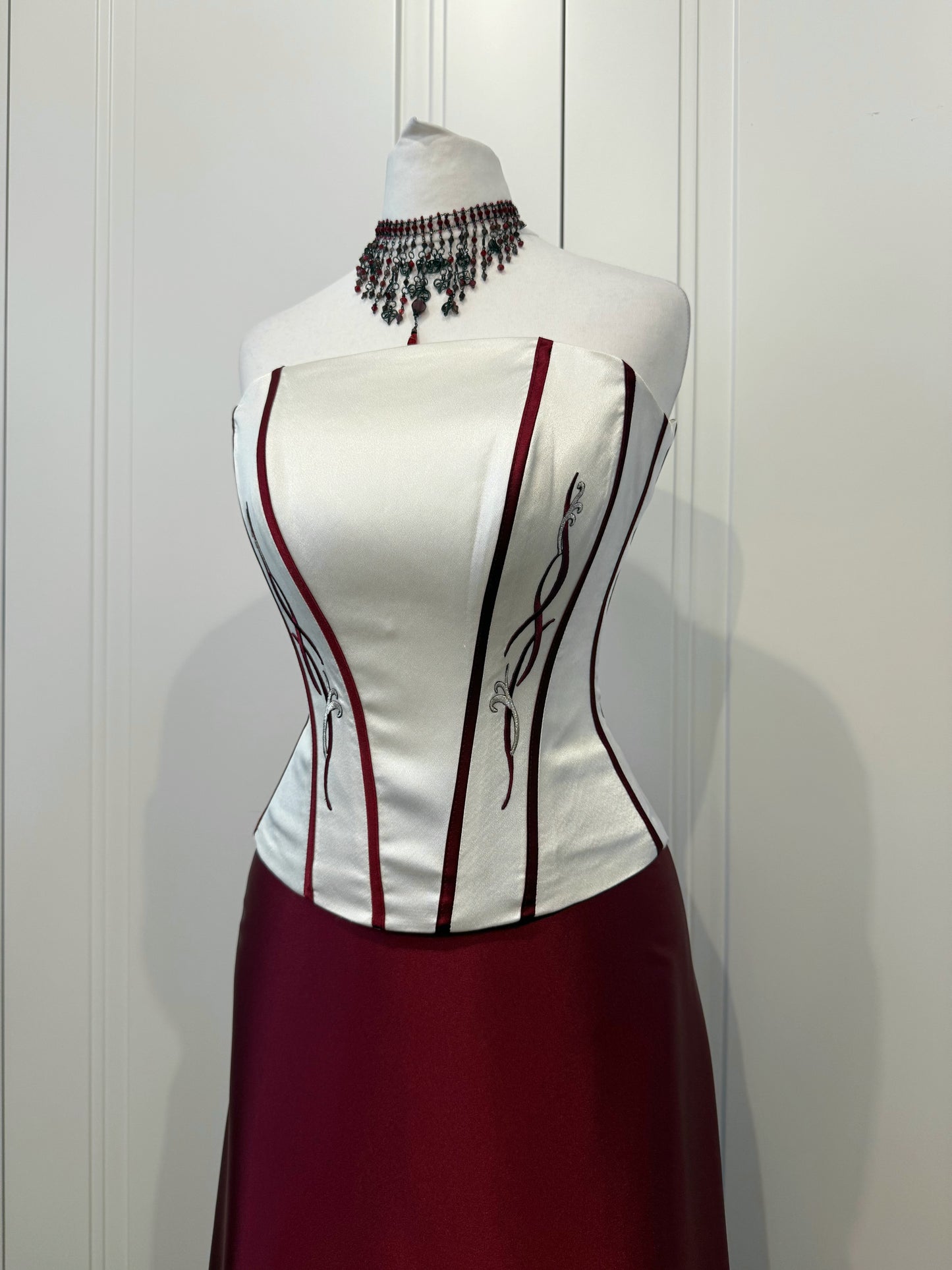 Burgundy Satin Corset Dress Set with Bolero