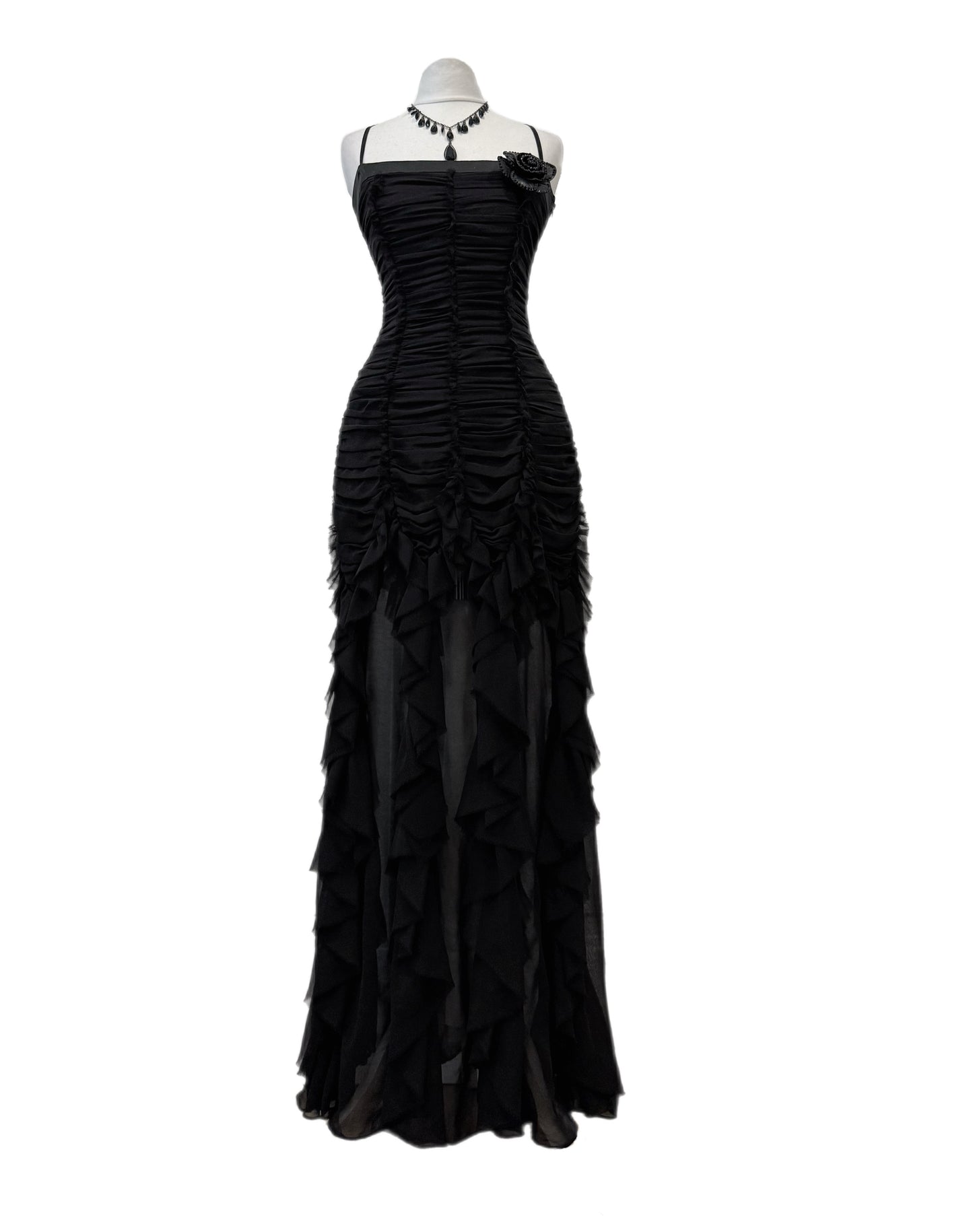 Black Ruched Ruffle Maxi Dress