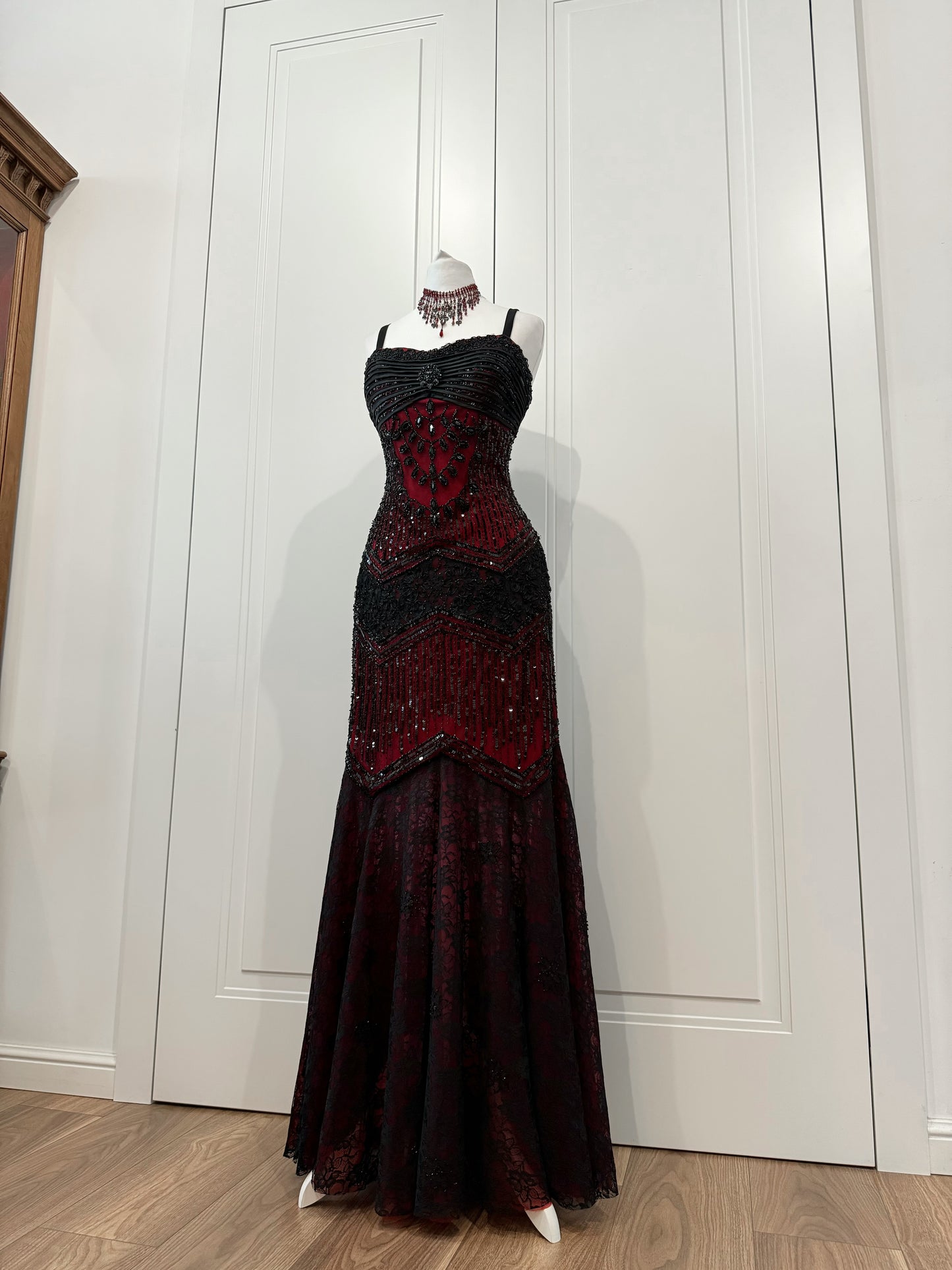 Vintage Burgundy & Black Beaded Vampire Dress