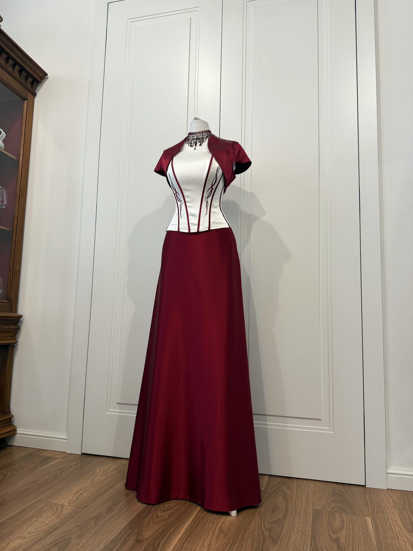 Burgundy Satin Corset Dress Set with Bolero