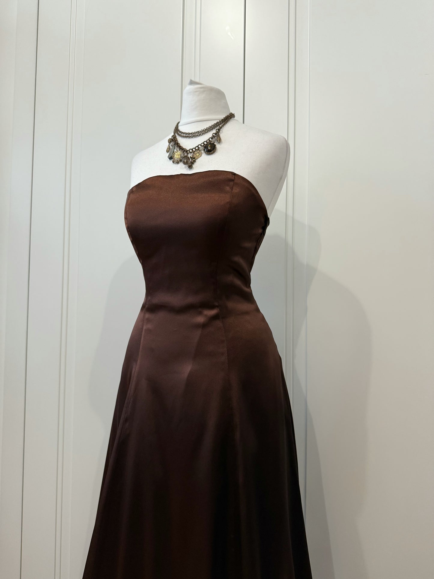 Chocolate Satin Strapless Gown with Shawl
