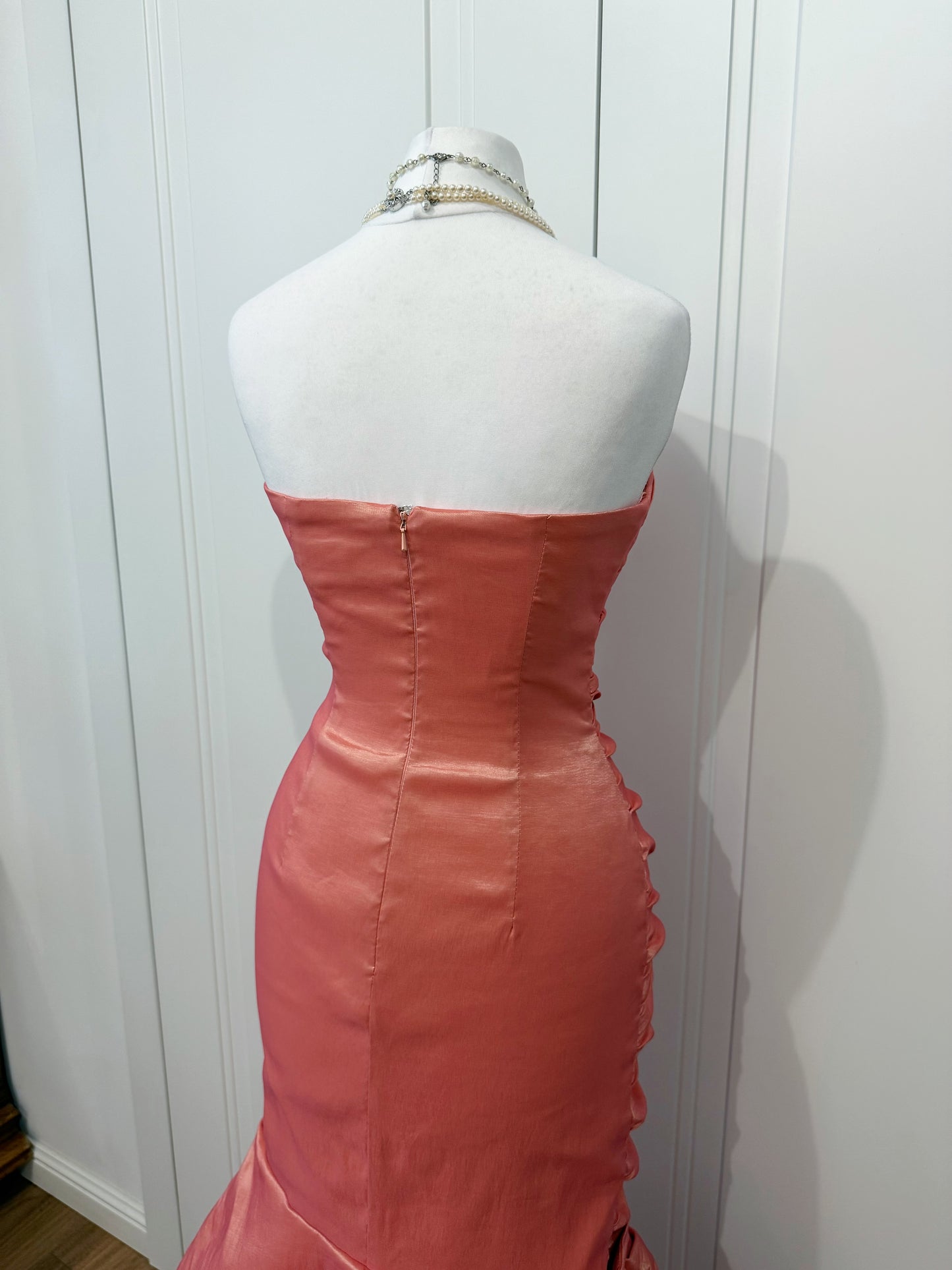 Long coral pink mermaid ball gown