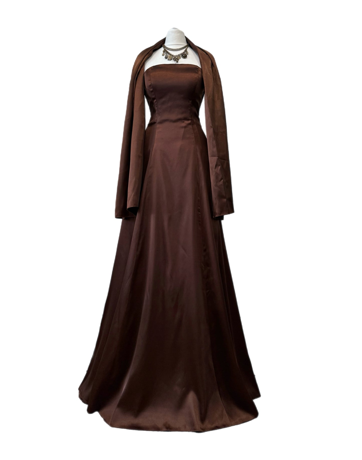 Chocolate Satin Strapless Gown with Shawl