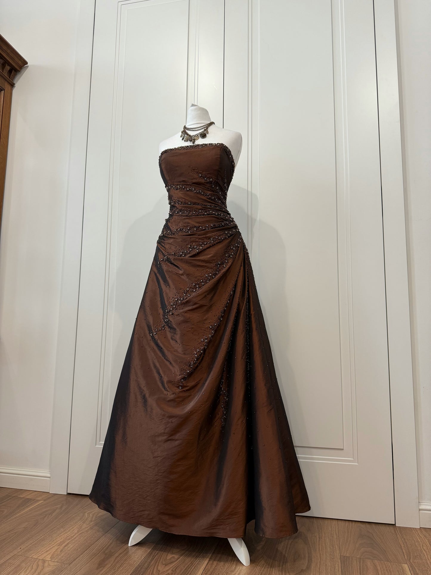 Chocolate Beaded Strapless Gown