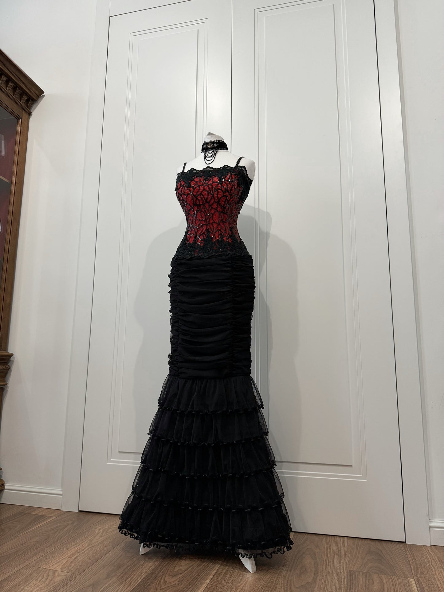 Red&Black Lace Mermaid Maxi Dress