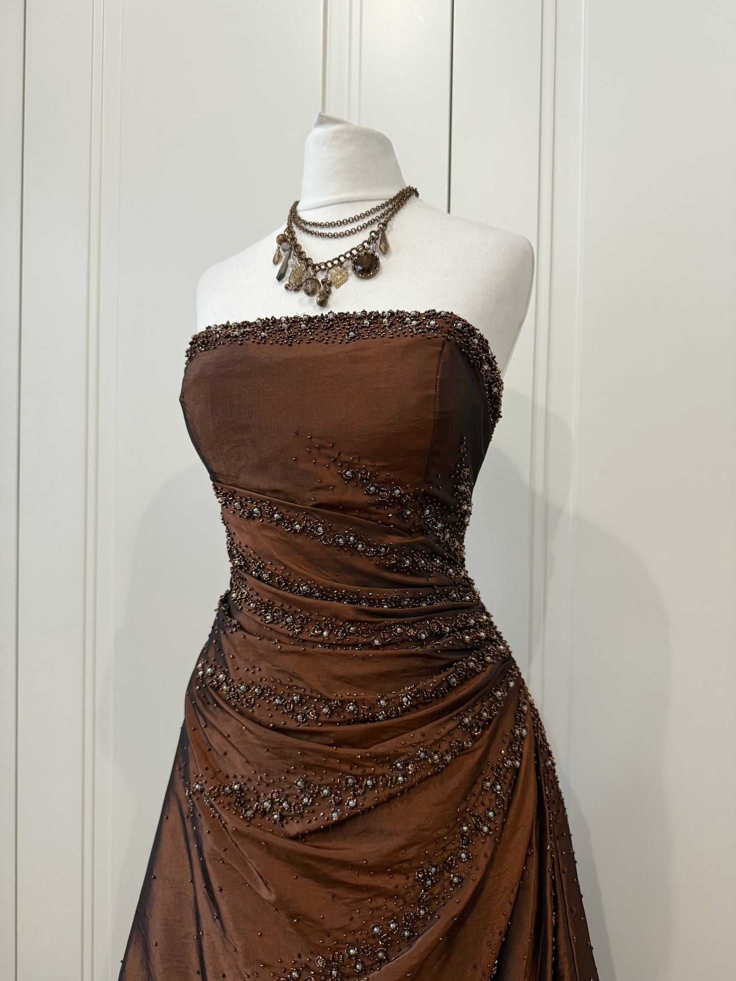 Chocolate Beaded Strapless Gown
