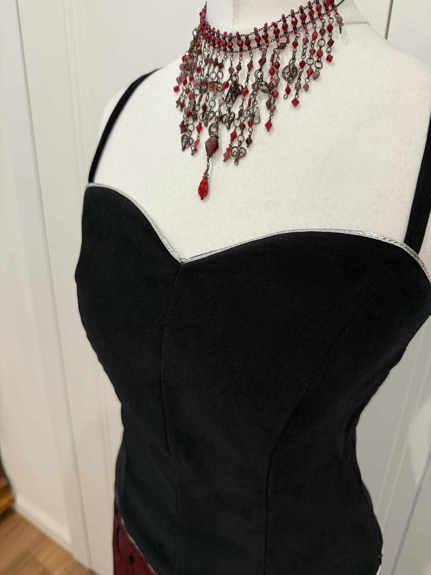 Black Velvet Top & Burgundy Long Skirt Set