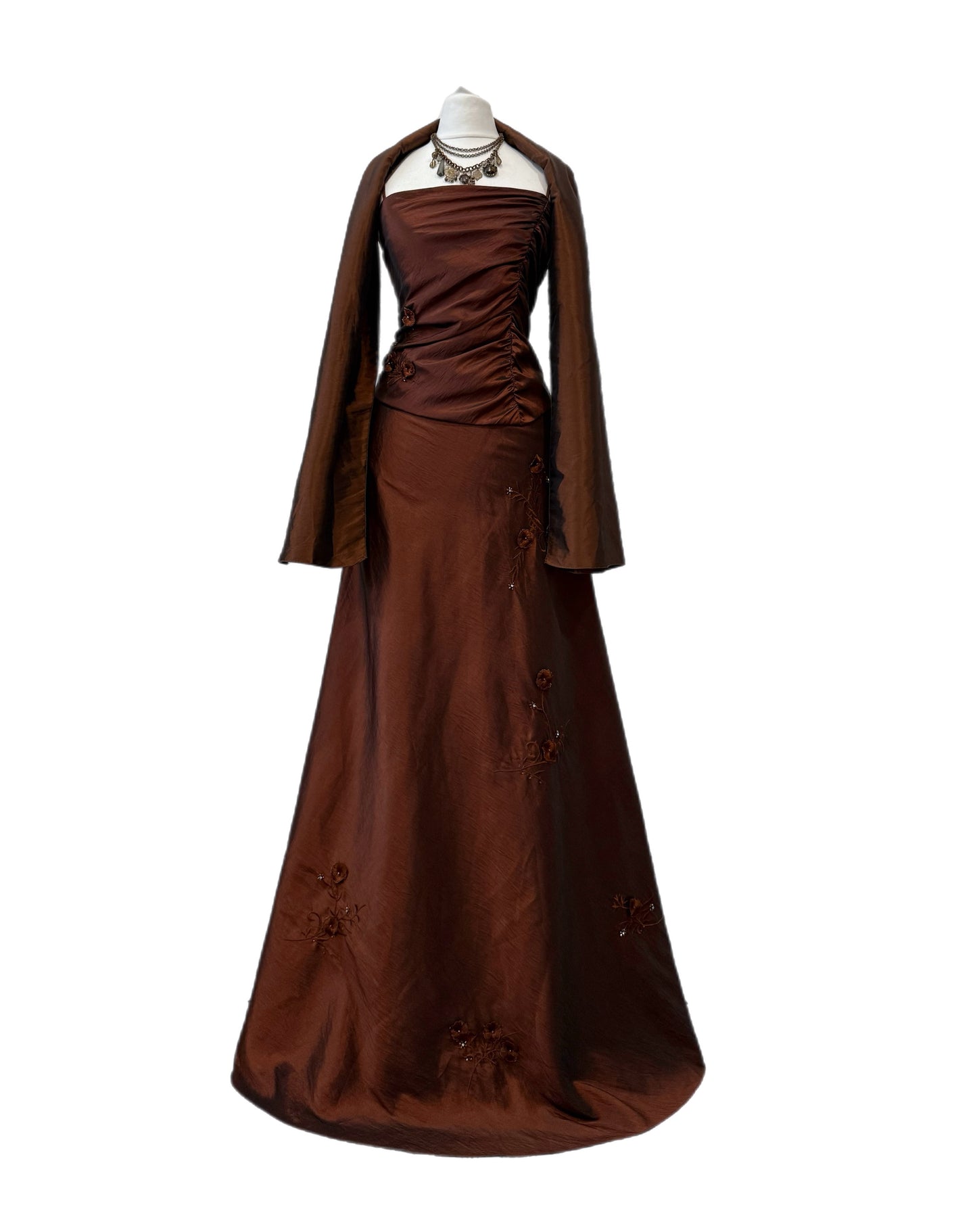 Chocolate Embroidered Evening Gown with Shawl
