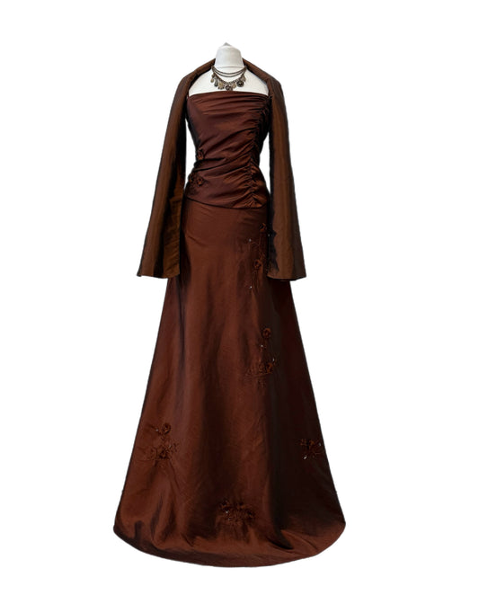 Chocolate Embroidered Evening Gown with Shawl