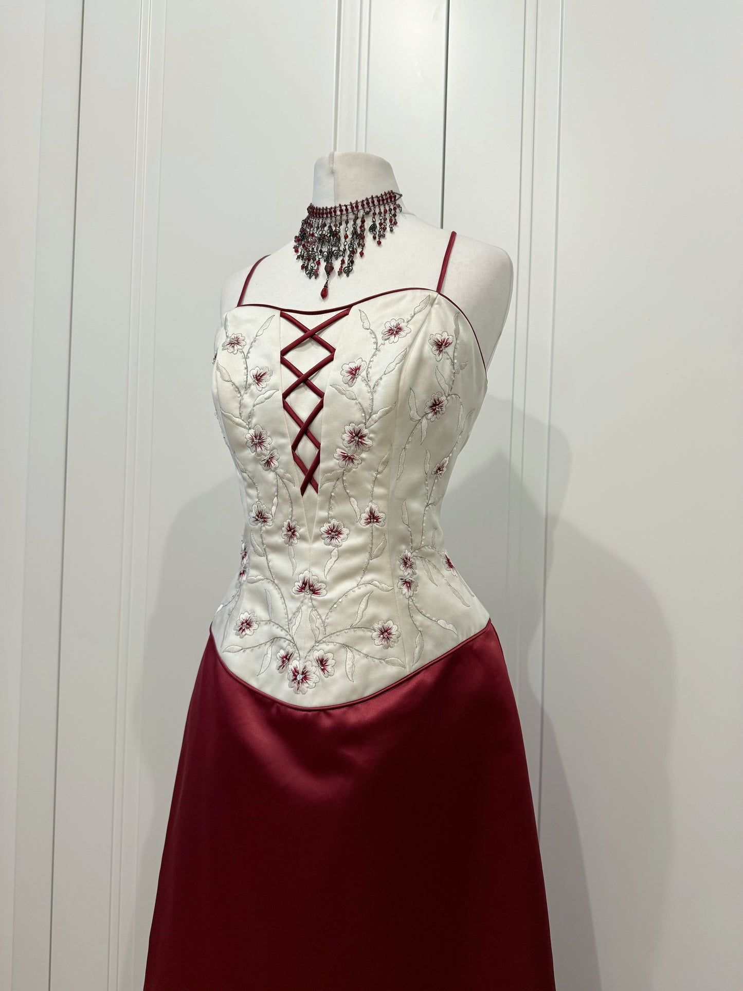 Burgundy & Cream Long Embroidered Dress