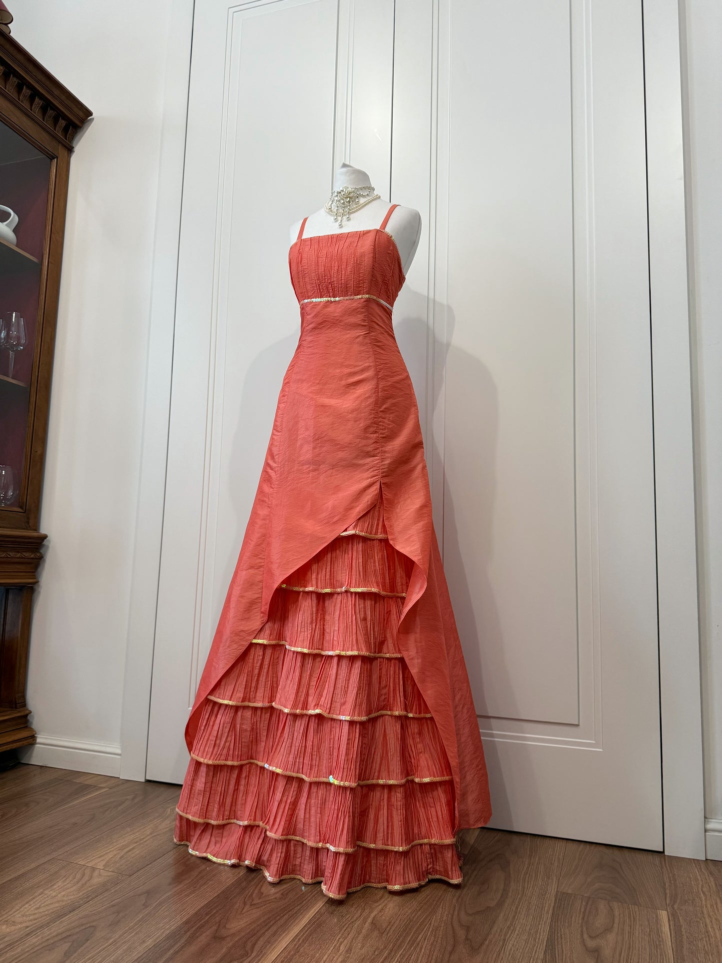 Coral long fluffy dress