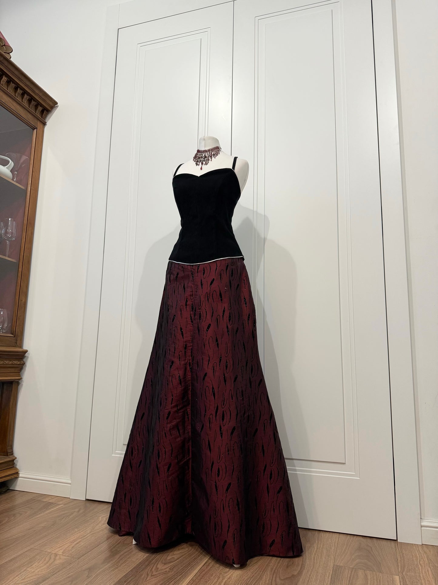 Black Velvet Top & Burgundy Long Skirt Set