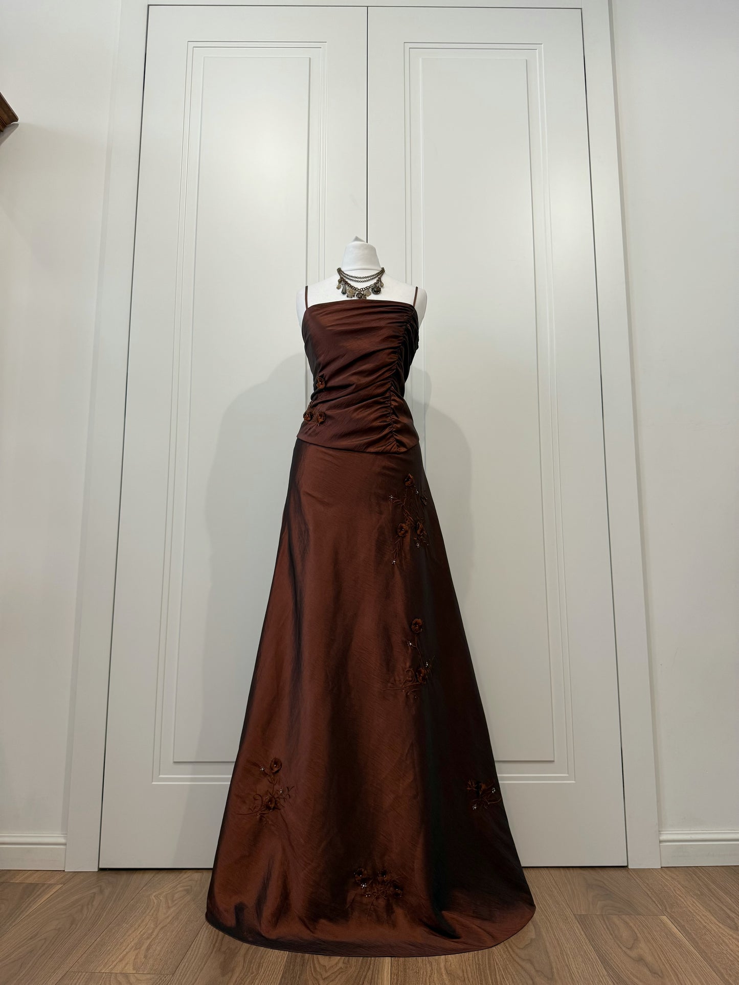 Chocolate Embroidered Evening Gown with Shawl